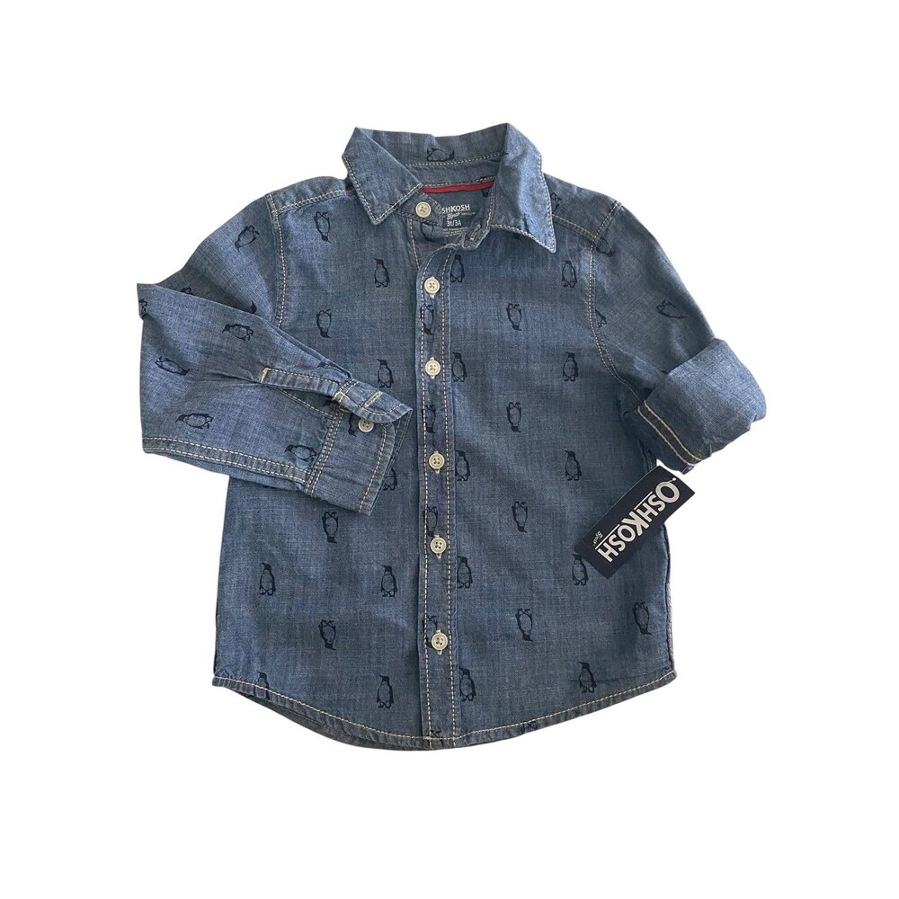 OshKosh B'gosh Shirt Toddler 3T Blue Chambray Penguin Print Long Sleeve